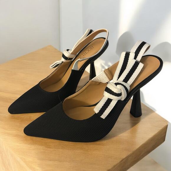 Bow Accent Heels New Black White Stripe Size 7 - Picture 1 of 4